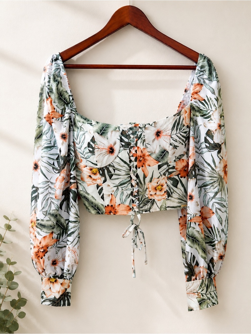 Tropical Milkmaid Crop Top Large Puff Sleeve Tie Front Hawaiian Resort